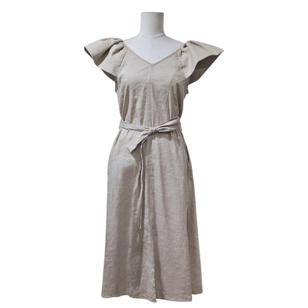 Cuyana Linen Tencel Flutter Sleeve Belted Midi Dress Sand Beige Large